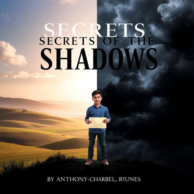 A split image depicting contrasting landscapes for the book cover of "Secrets of the Shadows"