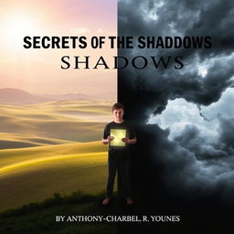 A split image depicting contrasting landscapes for the book cover of "Secrets of the Shadows"