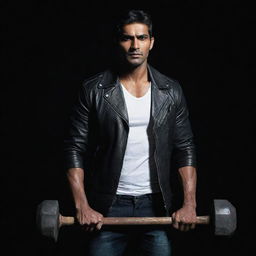 The muscular, tall Indian man, now in a darker setting, holding a heavy sledgehammer, his white shirt gleaming and black leather jacket contrasting against the darkness.