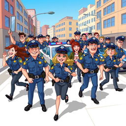 A dynamic 2D illustration of police officers in action