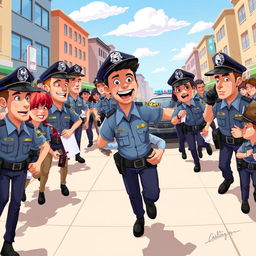 A dynamic 2D illustration of police officers in action