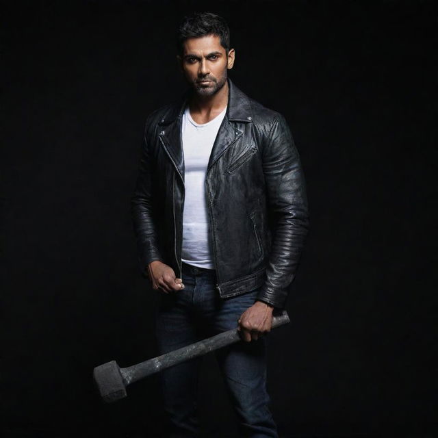 The muscular, tall Indian man, now in a darker setting, holding a heavy sledgehammer, his white shirt gleaming and black leather jacket contrasting against the darkness.