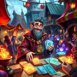 A whimsical merchant in a fantastical medieval setting, surrounded by vibrant colors and enchanting details