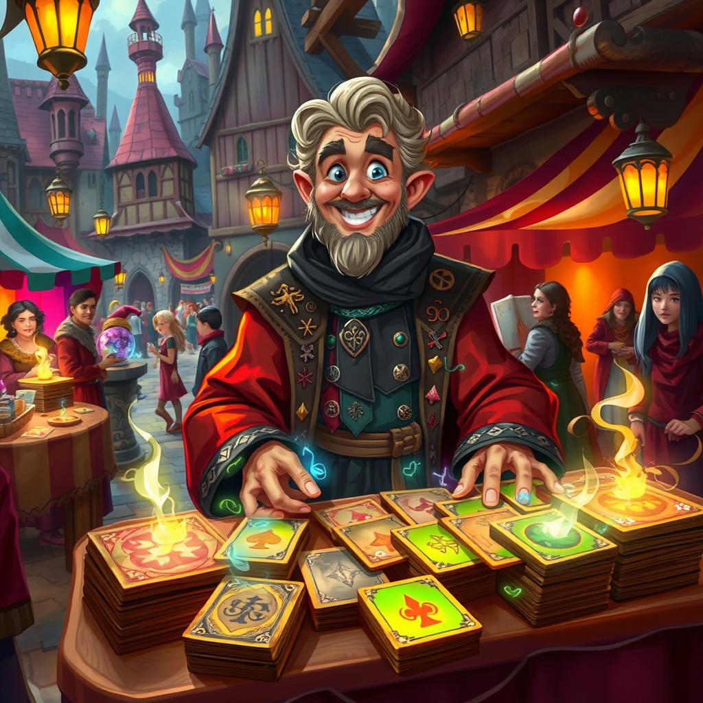 A whimsical merchant in a fantastical medieval setting, surrounded by vibrant colors and enchanting details