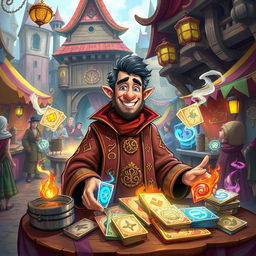 A whimsical merchant in a fantastical medieval setting, surrounded by vibrant colors and enchanting details