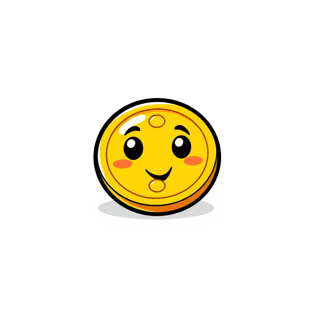 A whimsical and playful cartoon-style golden coin icon, showcasing a smooth and shiny yellow surface