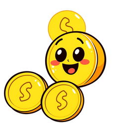 A whimsical and playful cartoon-style golden coin icon, showcasing a smooth and shiny yellow surface