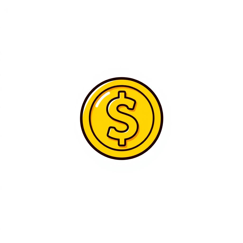 A fun and simple cartoon-style golden coin icon, featuring a bright, shiny yellow surface