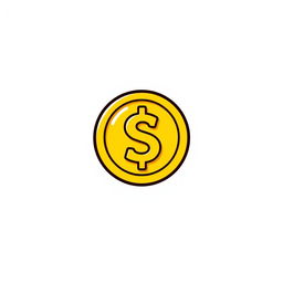 A fun and simple cartoon-style golden coin icon, featuring a bright, shiny yellow surface