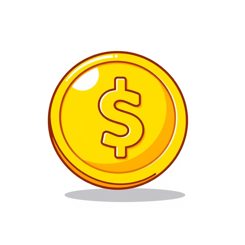 A fun and simple cartoon-style golden coin icon, featuring a bright, shiny yellow surface