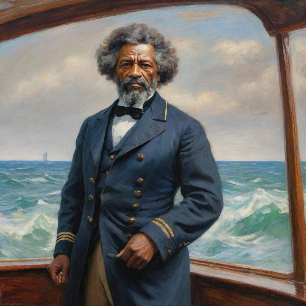 Illustrate Frederick Douglass as a sailor onboard a ship, painted in the impressionistic style of Claude Monet. Douglass is at the helm, looking out at the sea, the vibrant undulating waves and sky reflecting the anticipation of the journey ahead.