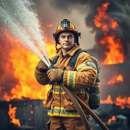 A brave firefighter in full gear, standing heroically amidst a backdrop of raging flames, showcasing the heat of the fire and the intensity of the rescue mission