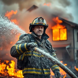 A brave firefighter in full gear, standing heroically amidst a backdrop of raging flames, showcasing the heat of the fire and the intensity of the rescue mission