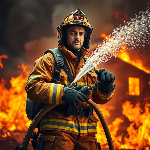 A brave firefighter in full gear, standing heroically amidst a backdrop of raging flames, showcasing the heat of the fire and the intensity of the rescue mission