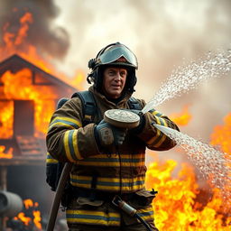 A brave firefighter in full gear, standing heroically amidst a backdrop of raging flames, showcasing the heat of the fire and the intensity of the rescue mission