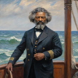 Illustrate Frederick Douglass as a sailor onboard a ship, painted in the impressionistic style of Claude Monet. Douglass is at the helm, looking out at the sea, the vibrant undulating waves and sky reflecting the anticipation of the journey ahead.