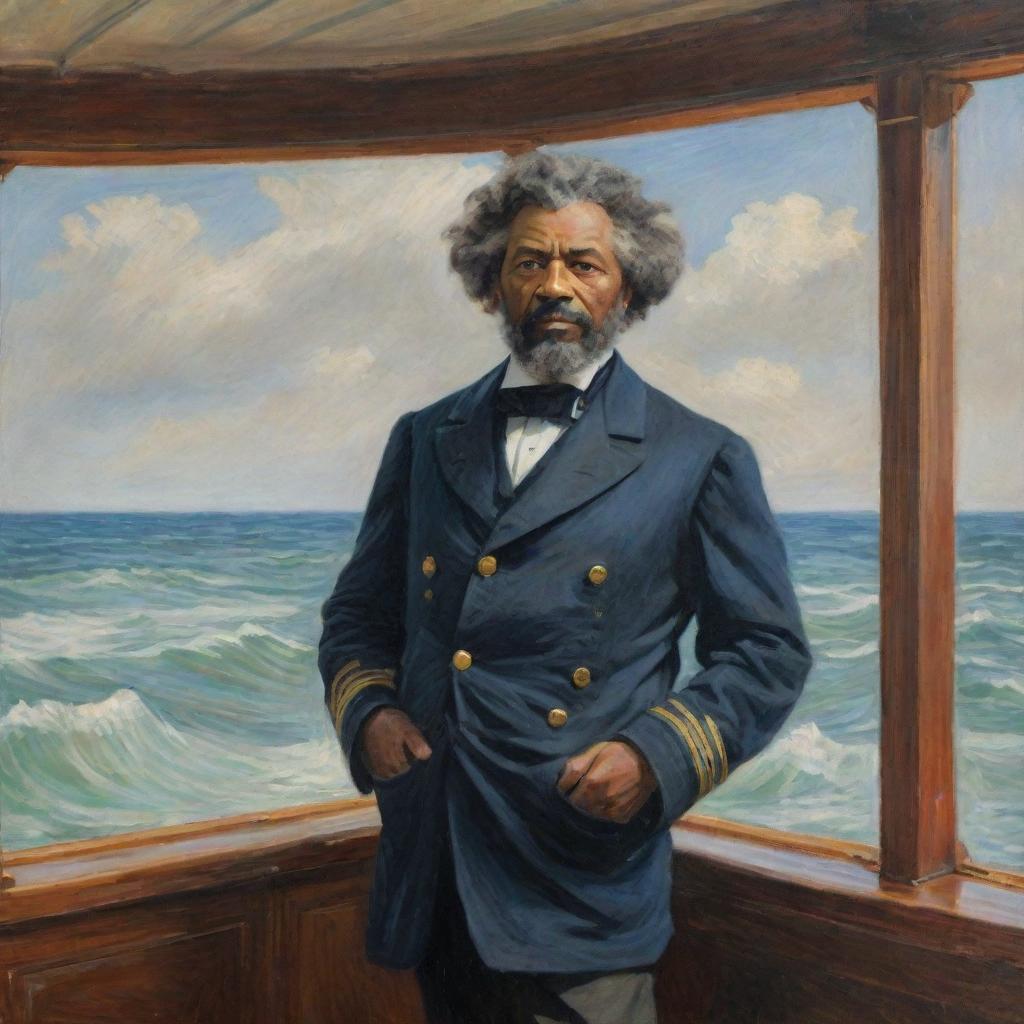 Illustrate Frederick Douglass as a sailor onboard a ship, painted in the impressionistic style of Claude Monet. Douglass is at the helm, looking out at the sea, the vibrant undulating waves and sky reflecting the anticipation of the journey ahead.