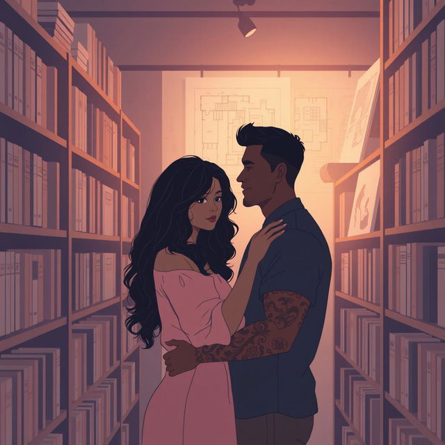 A minimalist and romantic scene set in a dimly lit bookstore