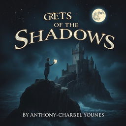 A portrait canvas image for the book cover of "Secrets of the Shadows" featuring a dark, starry sky overhead, casting a mystical glow over an ancient, crumbling castle perched on a cliff that overlooks turbulent waters below