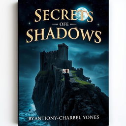 A portrait canvas image for the book cover of "Secrets of the Shadows" featuring a dark, starry sky overhead, casting a mystical glow over an ancient, crumbling castle perched on a cliff that overlooks turbulent waters below