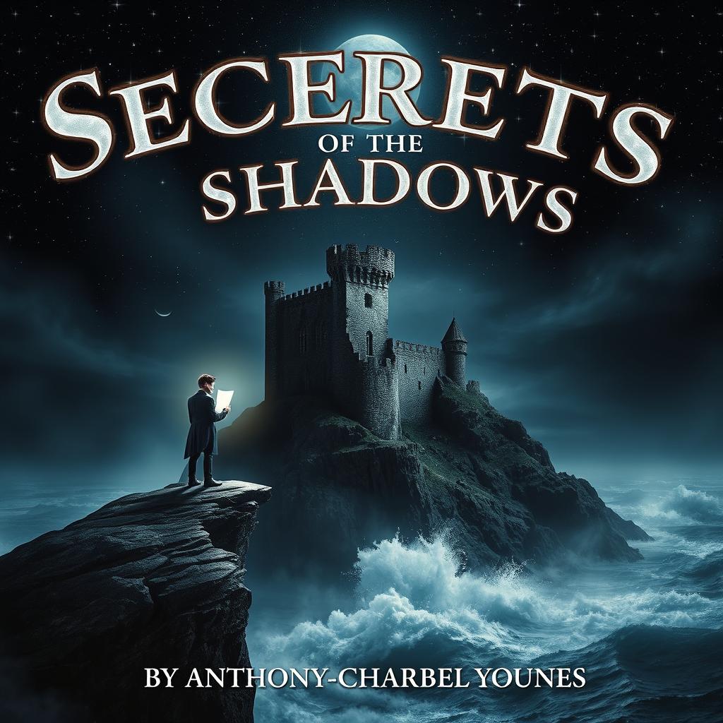 A portrait canvas image for the book cover of "Secrets of the Shadows" featuring a dark, starry sky overhead, casting a mystical glow over an ancient, crumbling castle perched on a cliff that overlooks turbulent waters below