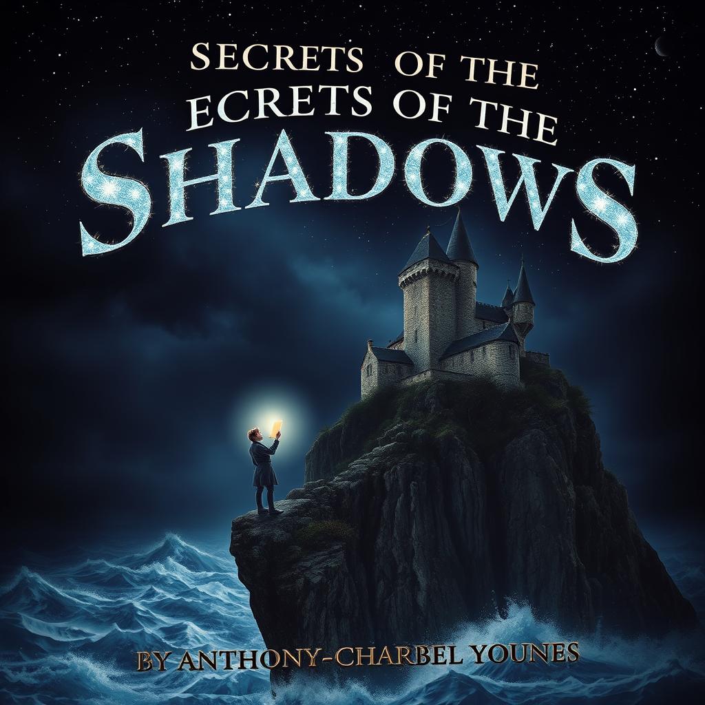 A portrait canvas image for the book cover of "Secrets of the Shadows" featuring a dark, starry sky overhead, casting a mystical glow over an ancient, crumbling castle perched on a cliff that overlooks turbulent waters below