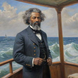 Illustrate Frederick Douglass as a sailor onboard a ship, painted in the impressionistic style of Claude Monet. Douglass is at the helm, looking out at the sea, the vibrant undulating waves and sky reflecting the anticipation of the journey ahead.