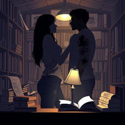 The cover design beautifully captures the silhouettes of two characters inside a charming bookstore, illuminated by the soft light of a reading lamp