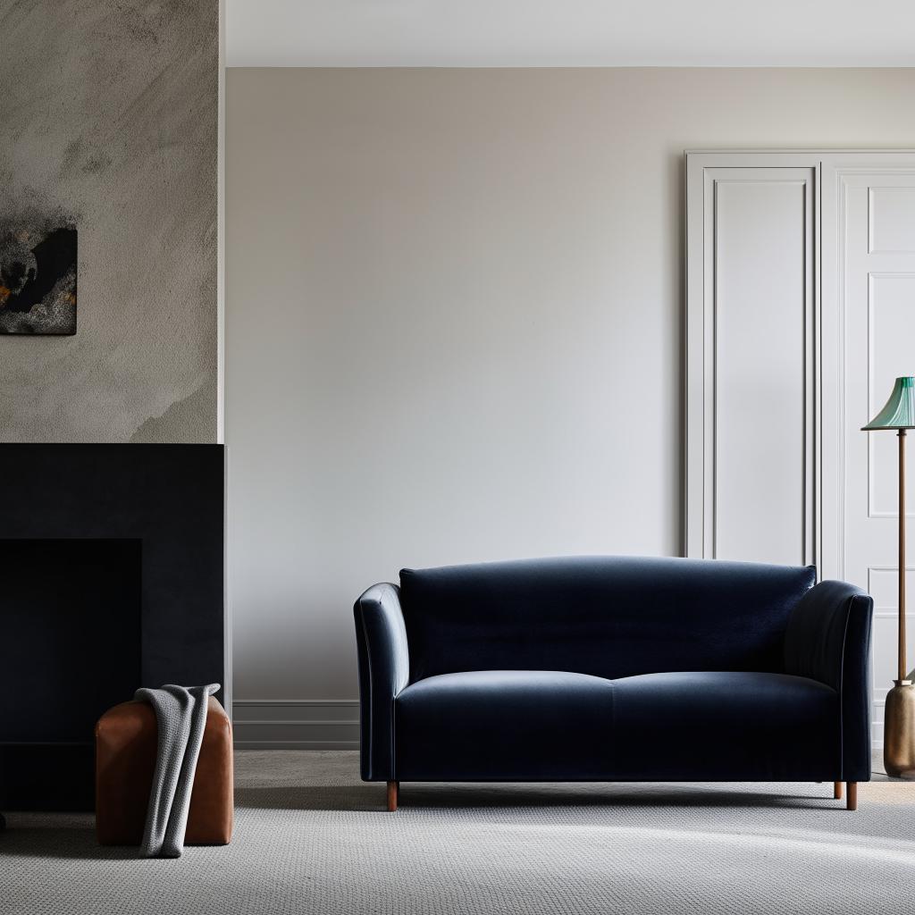 A living room with a navy blue velvet sofa, a grey velvet chair, a leather chair, and a chimney, adjoining a dining room designed to complement the living room.