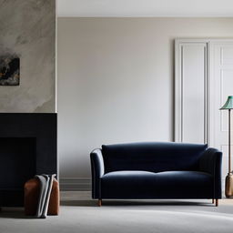 A living room with a navy blue velvet sofa, a grey velvet chair, a leather chair, and a chimney, adjoining a dining room designed to complement the living room.