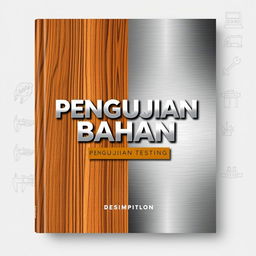 A visually striking book cover design for the title "Pengujian Bahan" (Material Testing), focusing on the themes of wood and metal