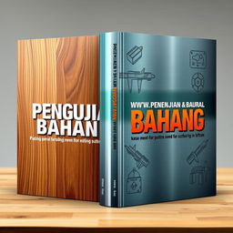 A visually striking book cover design for the title "Pengujian Bahan" (Material Testing), focusing on the themes of wood and metal