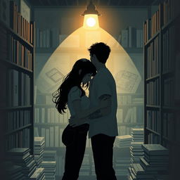 The cover design portrays the silhouettes of two characters inside a charming bookstore, illuminated by the soft glow of a reading lamp