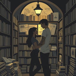 The cover design portrays the silhouettes of two characters inside a charming bookstore, illuminated by the soft glow of a reading lamp