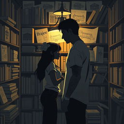 The cover design portrays the silhouettes of two characters inside a charming bookstore, illuminated by the soft glow of a reading lamp