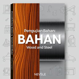 An eye-catching book cover design for the title "Pengujian Bahan: Wood and Steel"