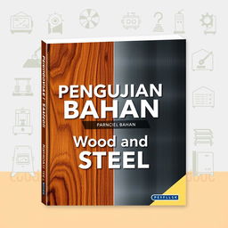 An eye-catching book cover design for the title "Pengujian Bahan: Wood and Steel"