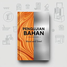 An eye-catching book cover design for the title "Pengujian Bahan: Wood and Steel"