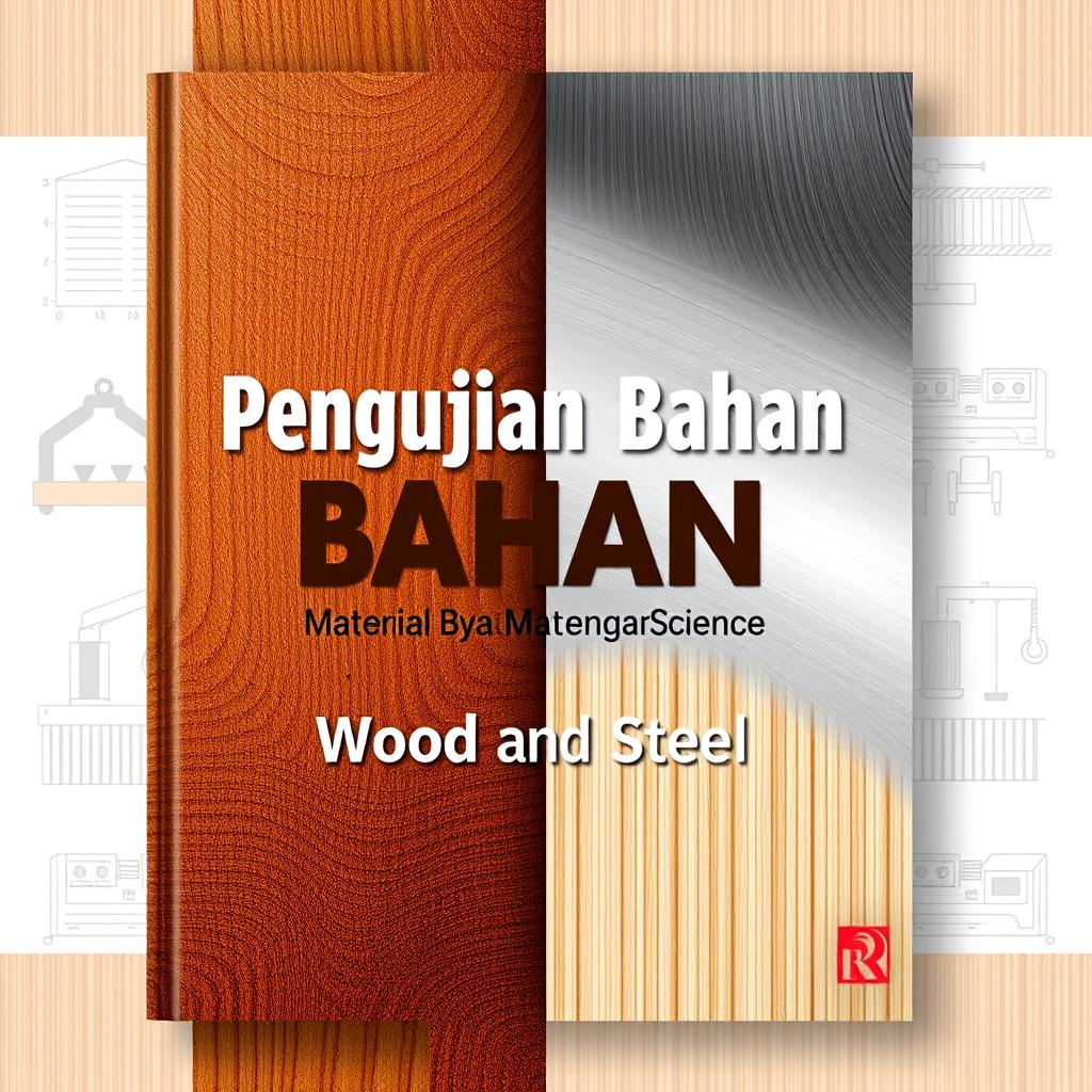 An eye-catching book cover design for the title "Pengujian Bahan: Wood and Steel"