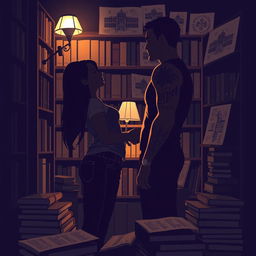 The cover design features the silhouettes of two characters inside a cozy bookstore, softly illuminated by the gentle light of a reading lamp