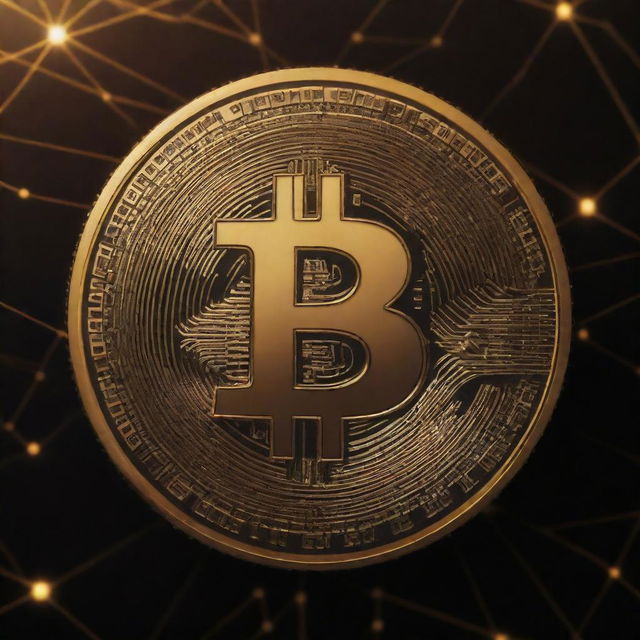 A HD wallpaper featuring Bitcoin imagery. The central focus is a shiny, gold Bitcoin symbol on a backdrop of a decentralized network diagram, with zeros and ones subtly fading in the background.