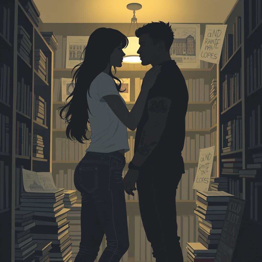 The cover design features the silhouettes of two characters inside a cozy bookstore, softly illuminated by the gentle light of a reading lamp