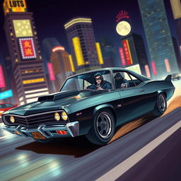 A detailed 2D illustration of a sleek, modified getaway car driven by a group of thieves