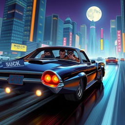 A detailed 2D illustration of a sleek, modified getaway car driven by a group of thieves