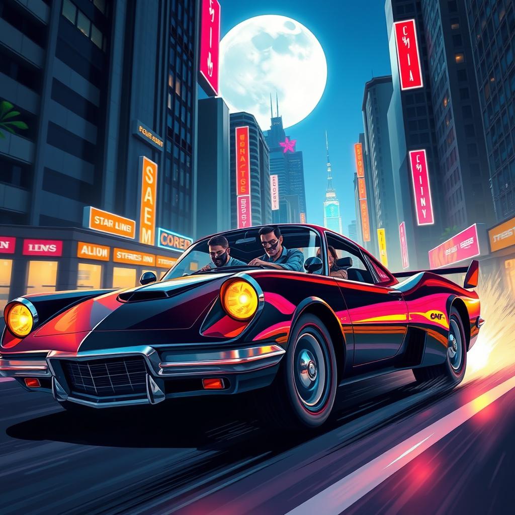 A detailed 2D illustration of a sleek, modified getaway car driven by a group of thieves