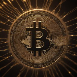 A HD wallpaper featuring Bitcoin imagery. The central focus is a shiny, gold Bitcoin symbol on a backdrop of a decentralized network diagram, with zeros and ones subtly fading in the background.