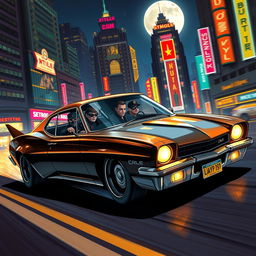 A detailed 2D illustration of a sleek, modified getaway car driven by a group of thieves