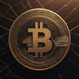 A HD wallpaper featuring Bitcoin imagery. The central focus is a shiny, gold Bitcoin symbol on a backdrop of a decentralized network diagram, with zeros and ones subtly fading in the background.