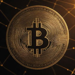 A HD wallpaper featuring Bitcoin imagery. The central focus is a shiny, gold Bitcoin symbol on a backdrop of a decentralized network diagram, with zeros and ones subtly fading in the background.