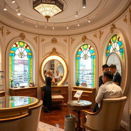 The interior of a classic eyewear store featuring circular furniture elements, including a fitting table with mirrors for customers to try on eyeglasses, and a consultation area designed for comfort and style